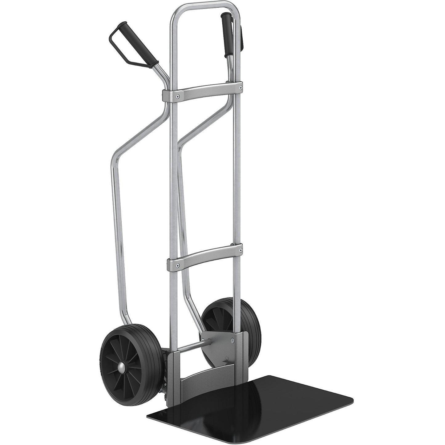 Sack truck with runners, zinc plated, footplate WxD 450 x 500 mm, black, solid rubber tyres.