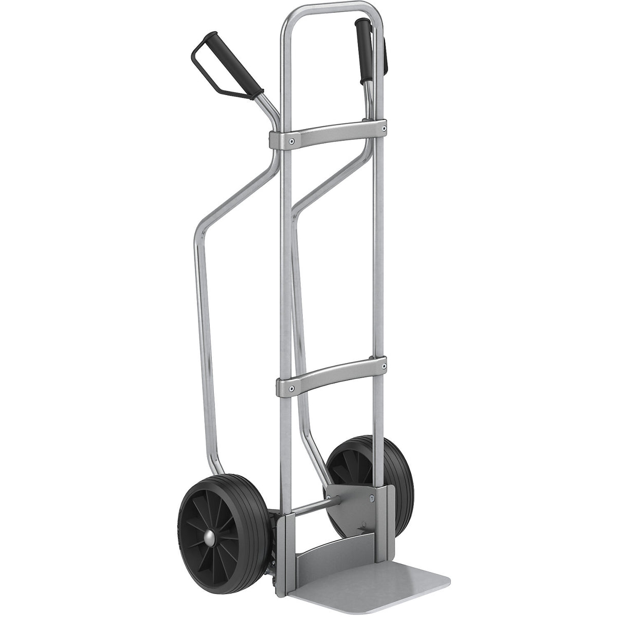 Sack truck with runners, zinc plated, footplate WxD 280 x 250 mm, zinc plated, solid rubber tyres.