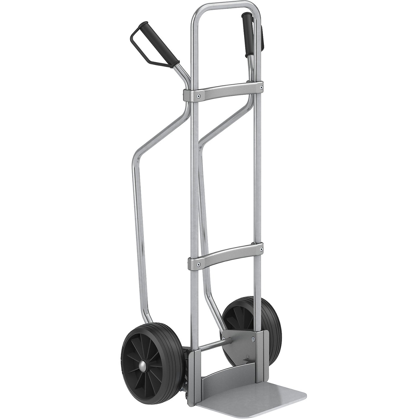 Sack truck with runners, zinc plated, footplate WxD 280 x 250 mm, zinc plated, solid rubber tyres.