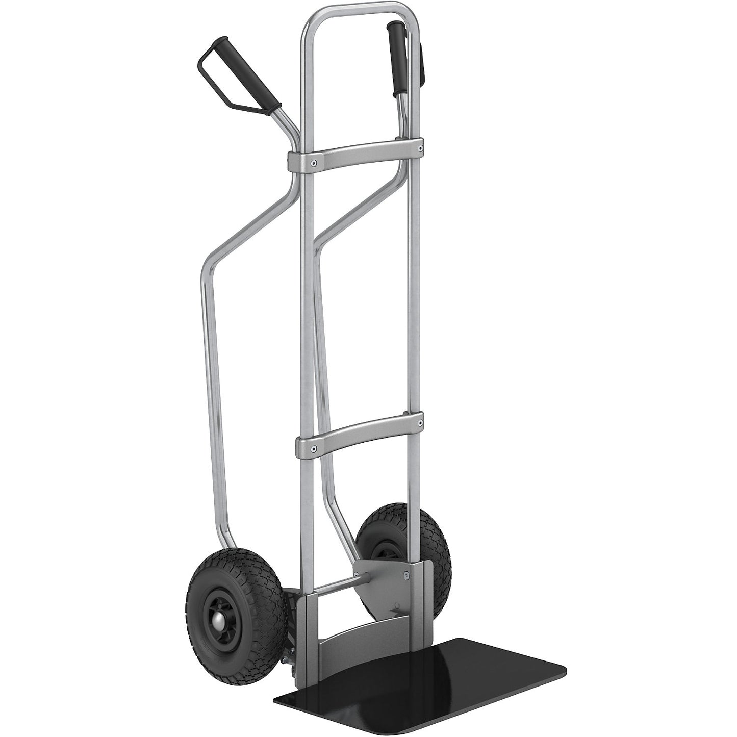 Sack truck with runners, zinc plated, footplate WxD 450 x 350 mm, black, pneumatic tyres.