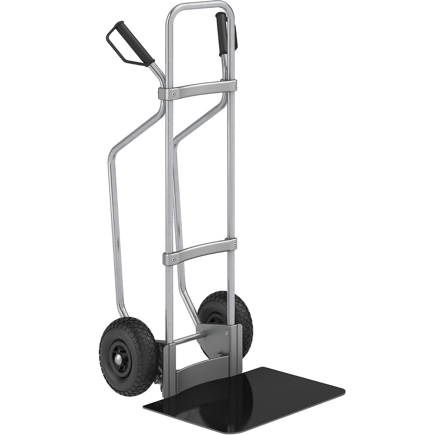 Sack truck with runners, zinc plated, footplate WxD 450 x 500 mm, black, pneumatic tyres.