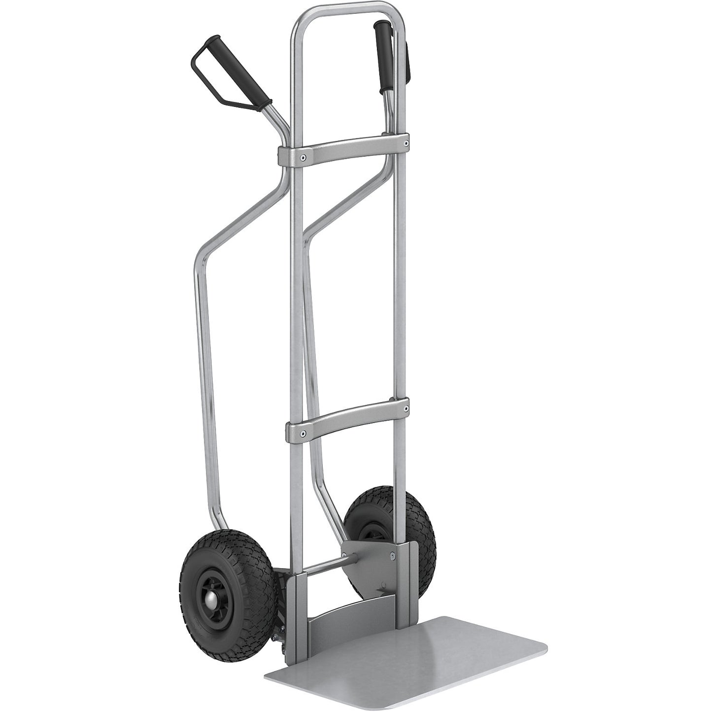 Sack truck with runners, zinc plated, footplate WxD 450 x 350 mm, zinc plated, pneumatic tyres.