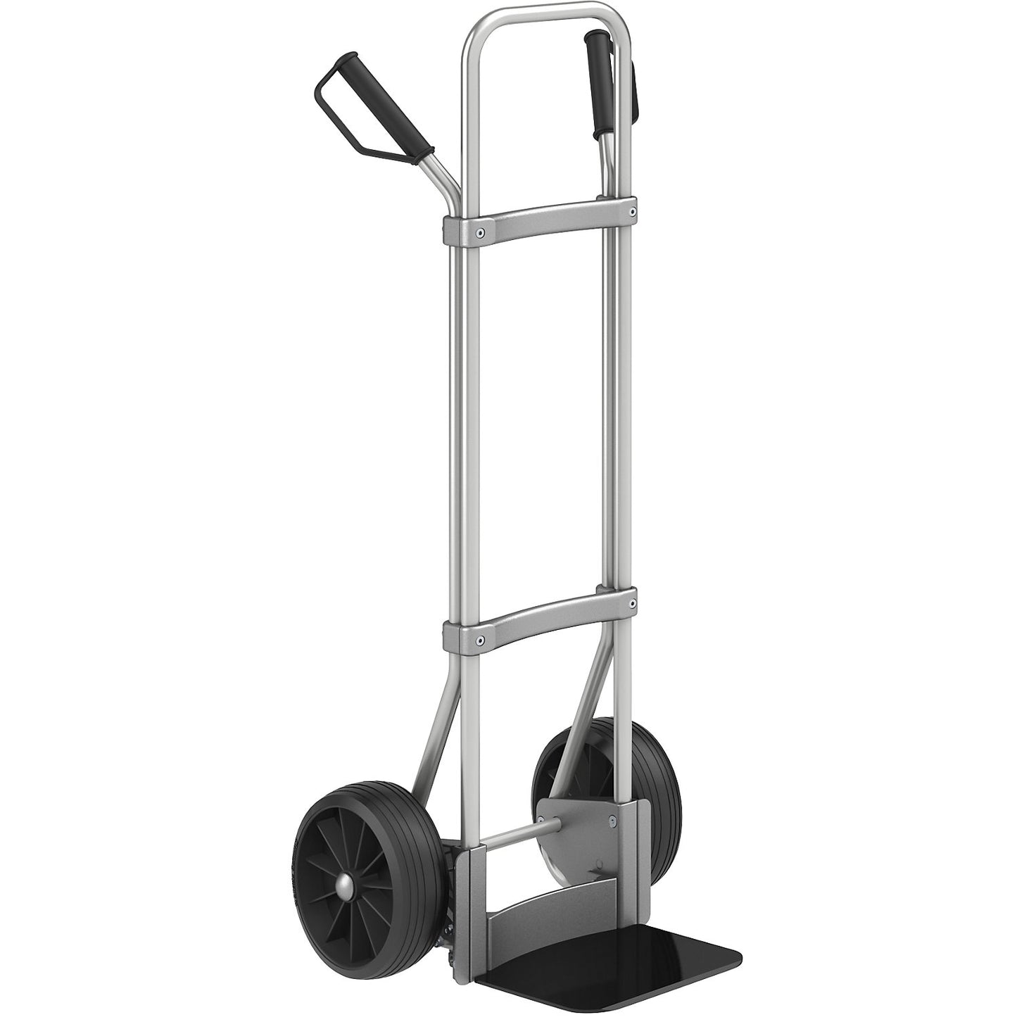 Aluminium sack truck, footplate WxD 280 x 250 mm, black, solid rubber tyres.