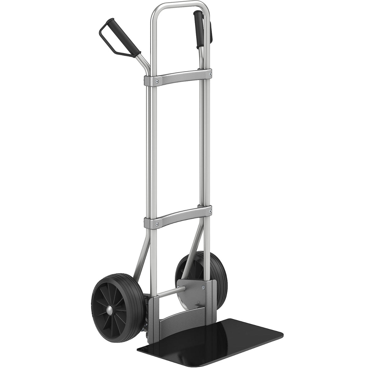 Aluminium sack truck, footplate WxD 450 x 350 mm, black, solid rubber tyres.