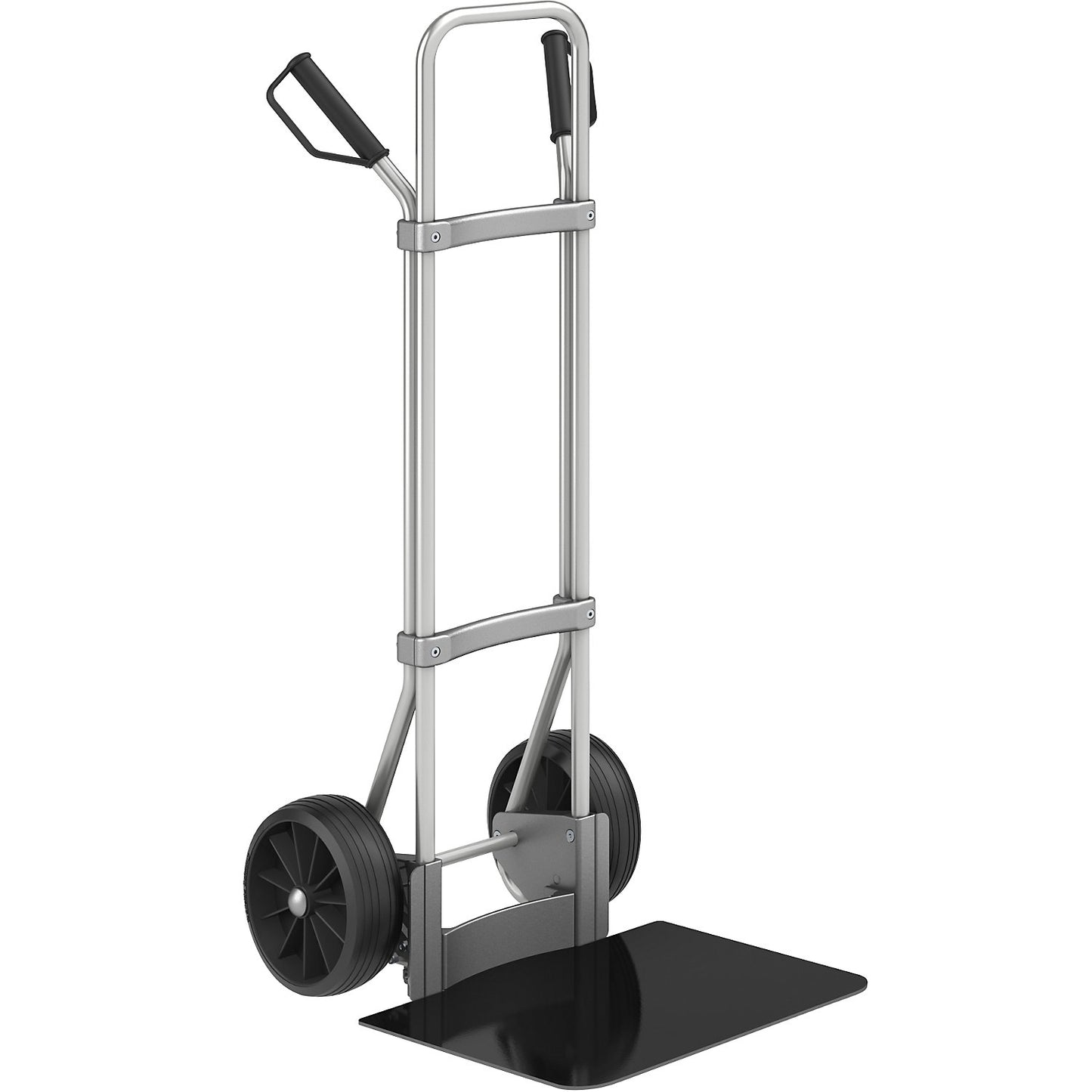 Aluminium sack truck, footplate WxD 450 x 500 mm, black, solid rubber tyres.
