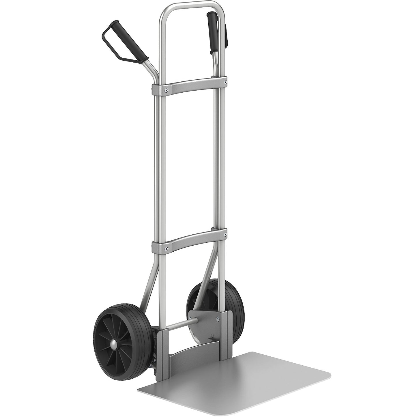 Aluminium sack truck, footplate WxD 450 x 500 mm, aluminium, solid rubber tyres.