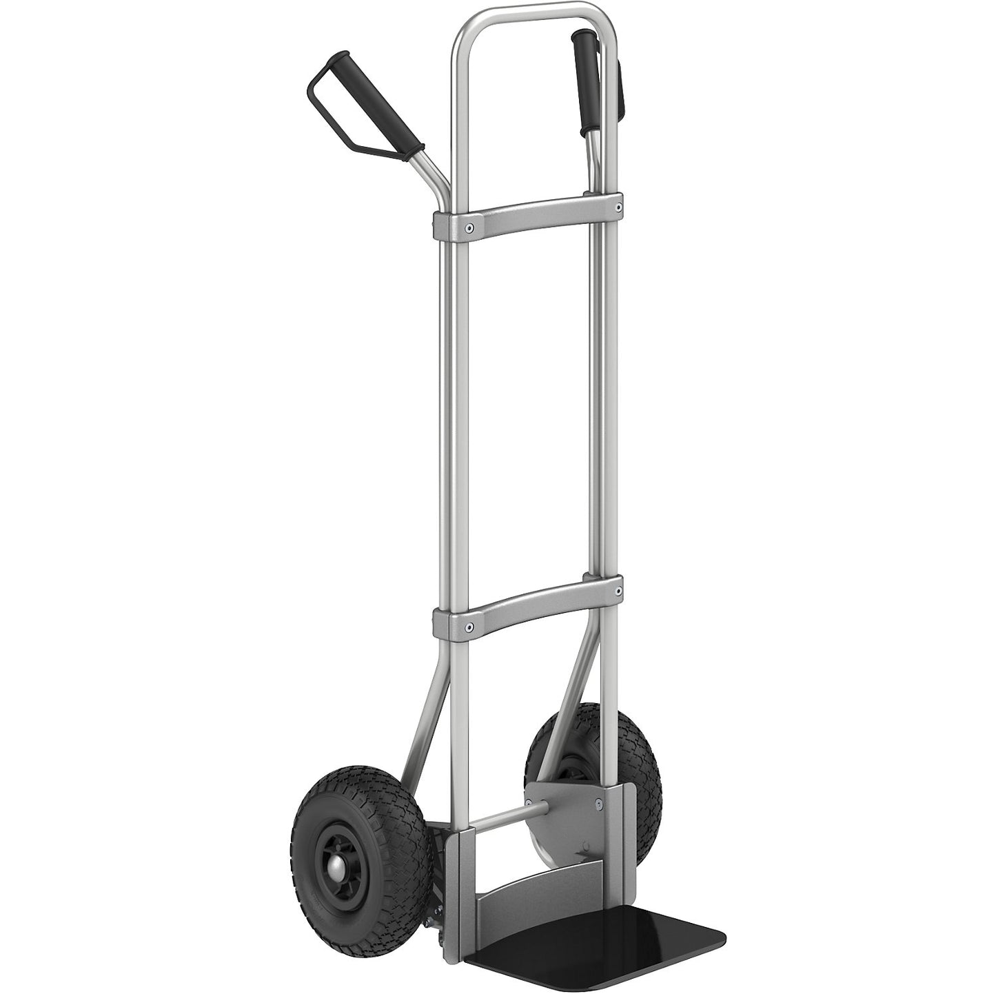 Aluminium sack truck, footplate WxD 280 x 250 mm, black, pneumatic tyres.