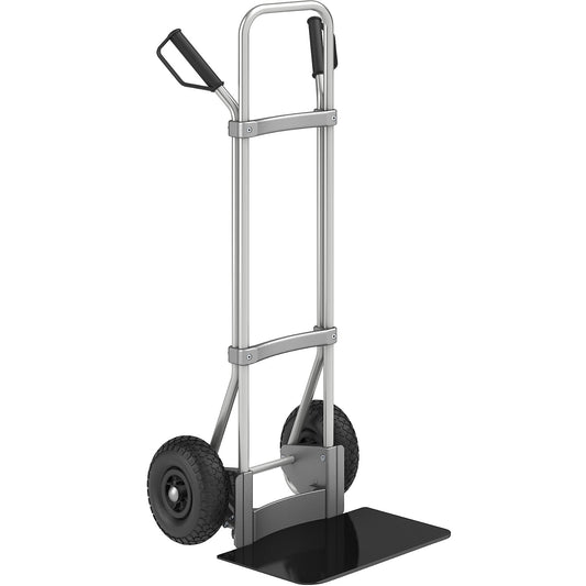 Aluminium sack truck, footplate WxD 450 x 350 mm, black, pneumatic tyres.