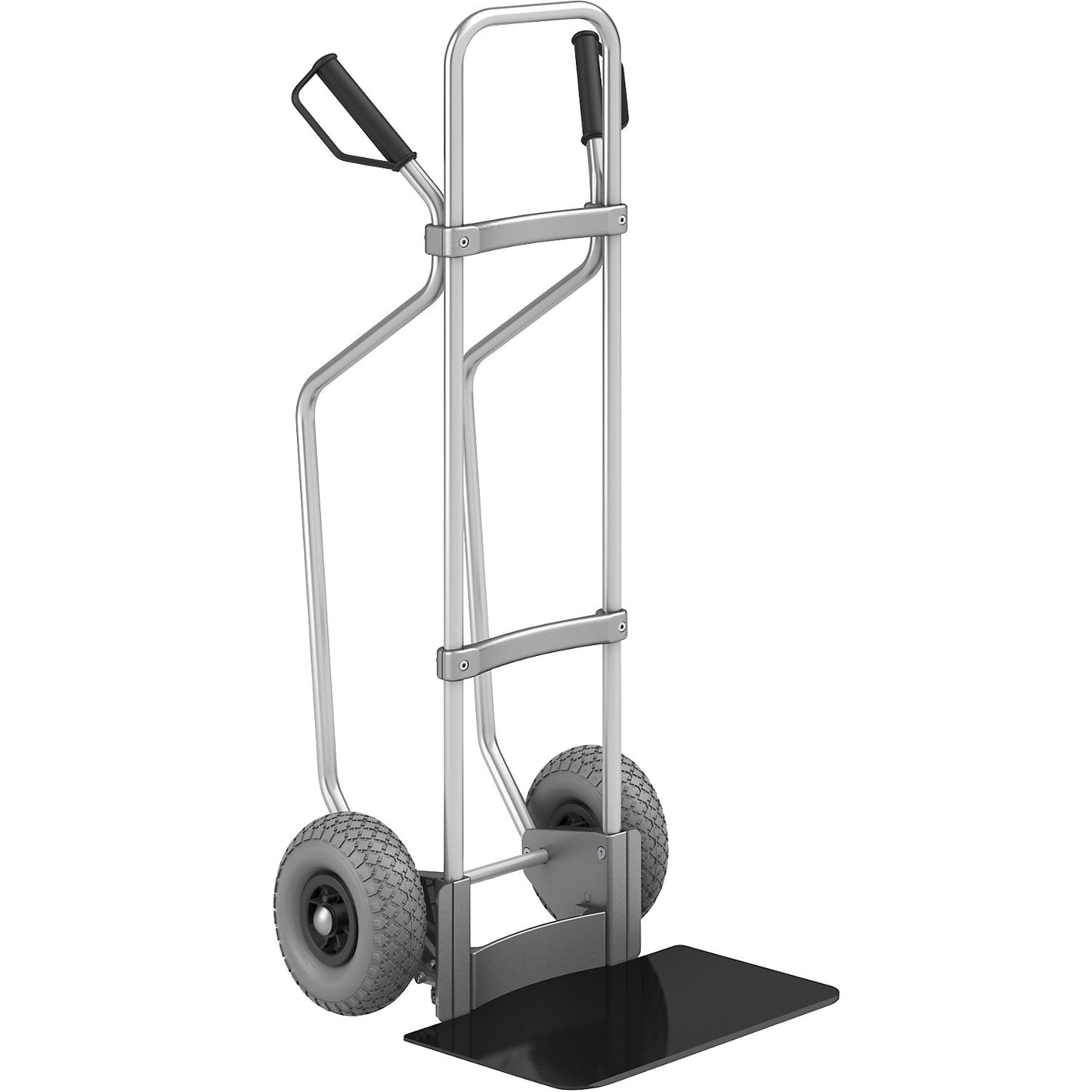Aluminium sack truck with runners, footplate WxD 450 x 350 mm, black, PU tyres.