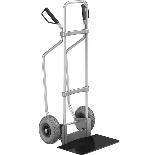 Aluminium sack truck with runners, footplate WxD 450 x 350 mm, black, PU tyres.