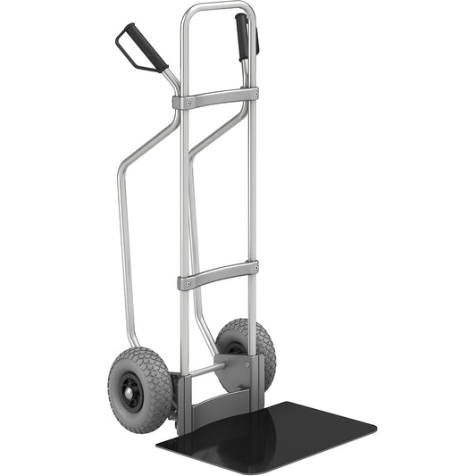 Aluminium sack truck with runners, footplate WxD 450 x 500 mm, black, PU tyres.