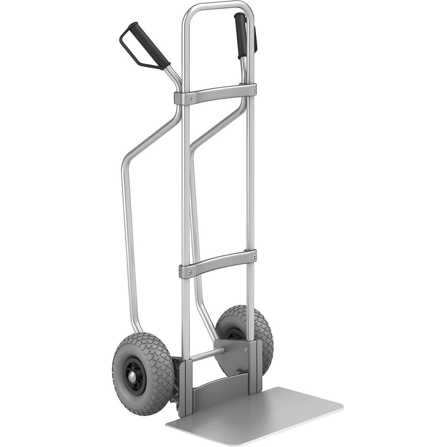 Aluminium sack truck with runners, footplate WxD 450 x 350 mm, aluminium, PU tyres.
