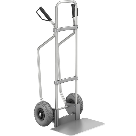 Aluminium sack truck with runners, footplate WxD 450 x 350 mm, aluminium, PU tyres.