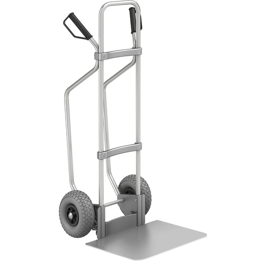 Aluminium sack truck with runners, footplate WxD 450 x 500 mm, aluminium, PU tyres.
