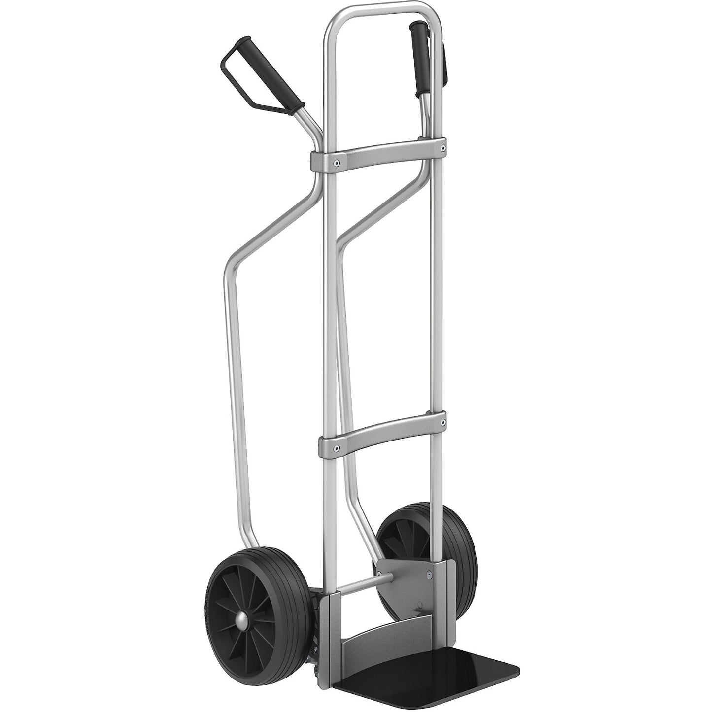 Aluminium sack truck with runners, footplate WxD 280 x 250 mm, black, solid rubber tyres.