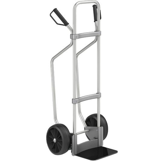 Aluminium sack truck with runners, footplate WxD 280 x 250 mm, black, solid rubber tyres.