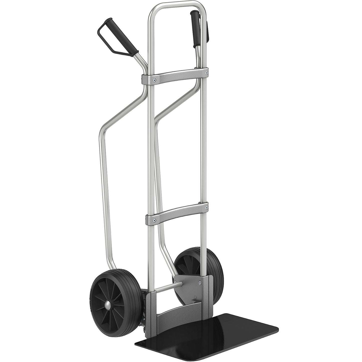 Aluminium sack truck with runners, footplate WxD 450 x 350 mm, black, solid rubber tyres.