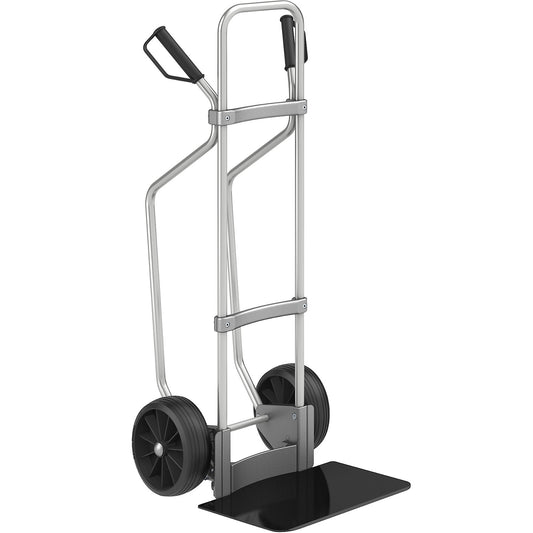 Aluminium sack truck with runners, footplate WxD 450 x 350 mm, black, solid rubber tyres.