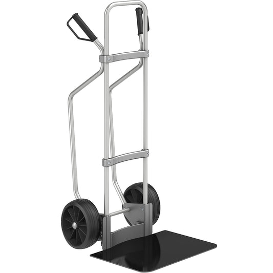 Aluminium sack truck with runners, footplate WxD 450 x 500 mm, black, solid rubber tyres.