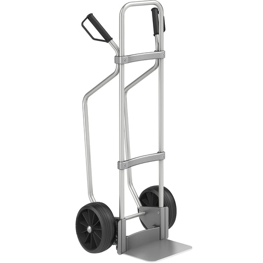 Aluminium sack truck with runners, footplate WxD 280 x 250 mm, aluminium, solid rubber tyres.