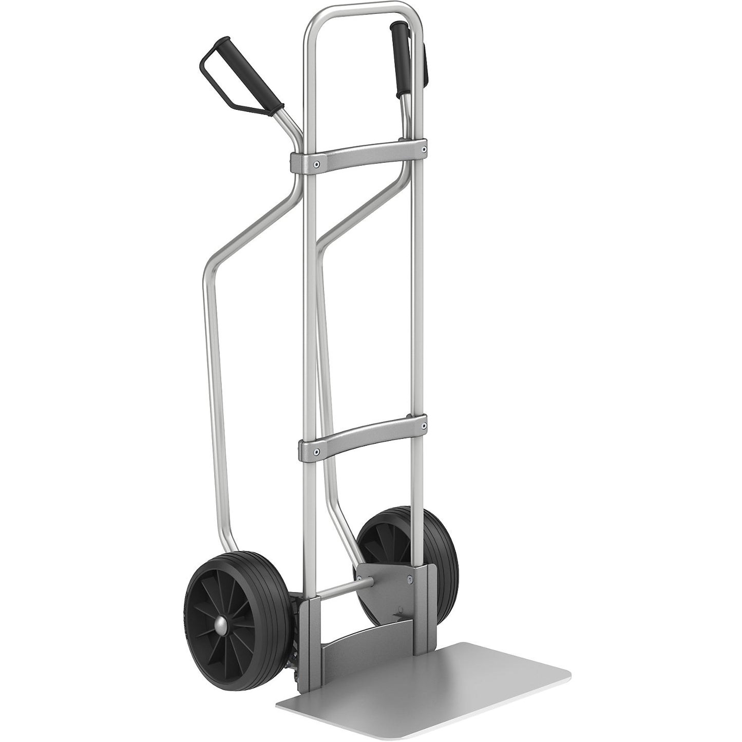 Aluminium sack truck with runners, footplate WxD 450 x 350 mm, aluminium, solid rubber tyres.