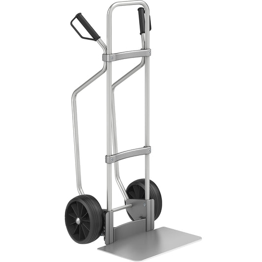 Aluminium sack truck with runners, footplate WxD 450 x 350 mm, aluminium, solid rubber tyres.