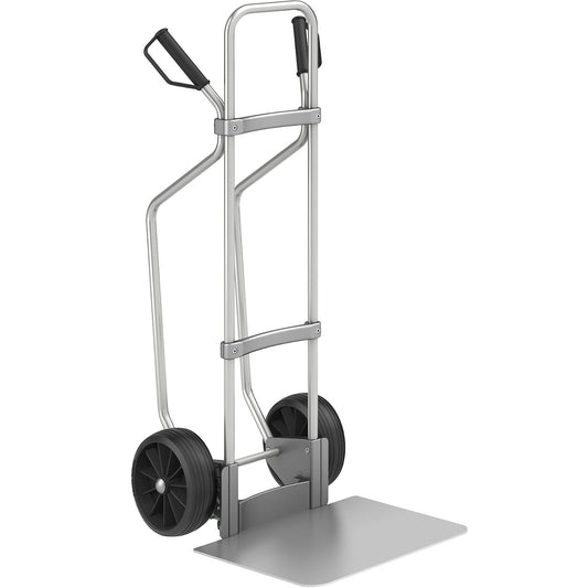 Aluminium sack truck with runners, footplate WxD 450 x 500 mm, aluminium, solid rubber tyres.