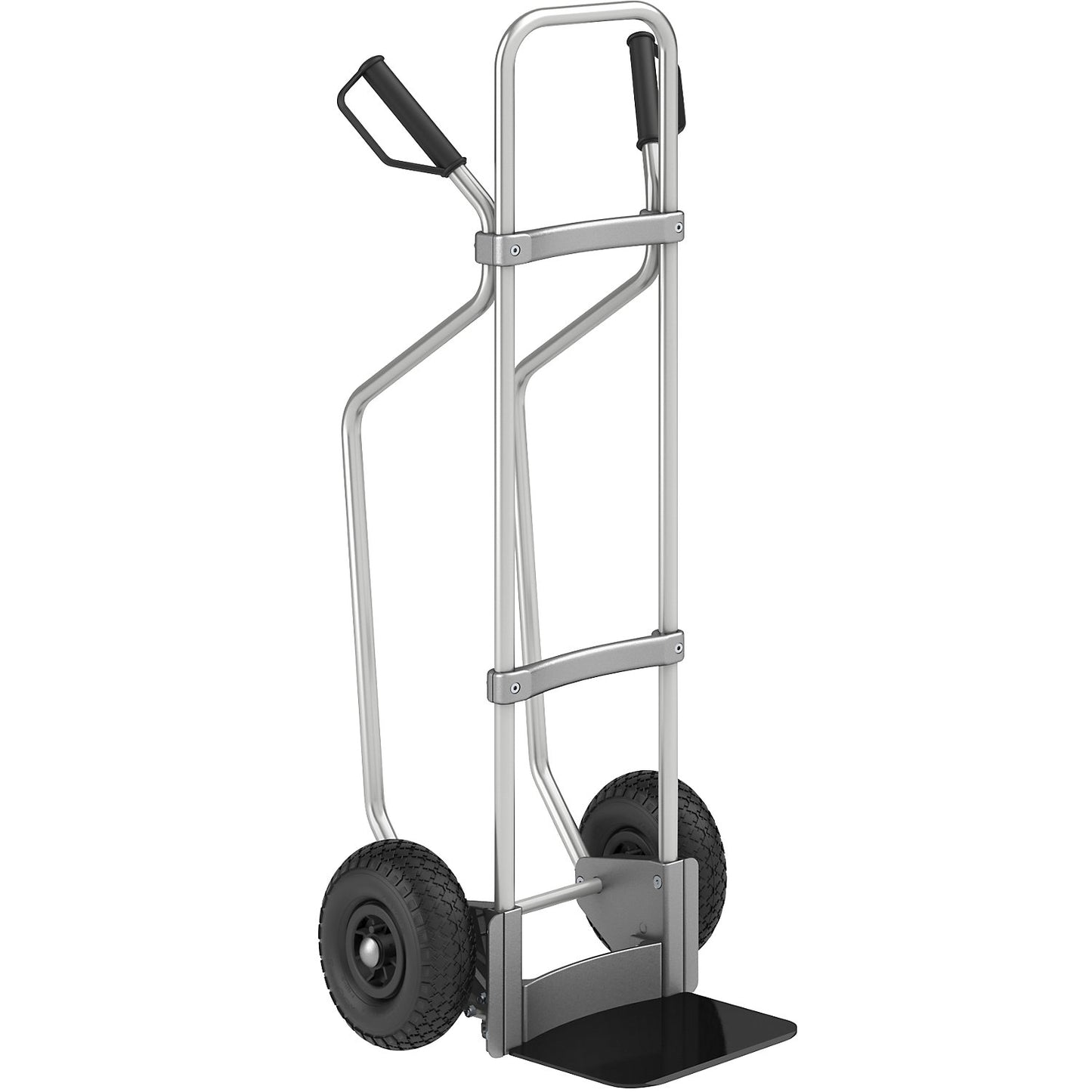 Aluminium sack truck with runners, footplate WxD 280 x 250 mm, black, pneumatic tyres.
