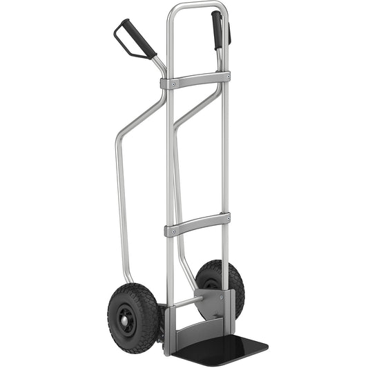 Aluminium sack truck with runners, footplate WxD 280 x 250 mm, black, pneumatic tyres.