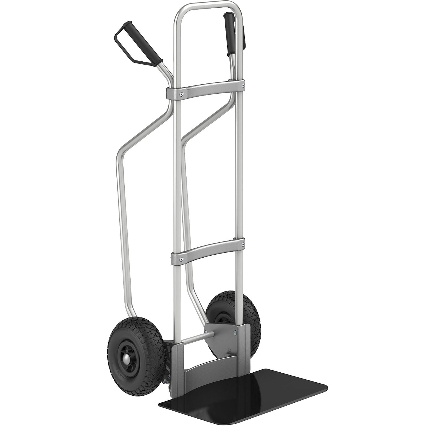 Aluminium sack truck with runners, footplate WxD 450 x 350 mm, black, pneumatic tyres.