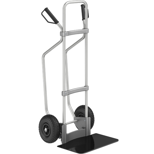 Aluminium sack truck with runners, footplate WxD 450 x 350 mm, black, pneumatic tyres.