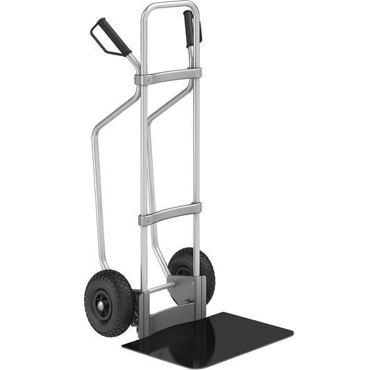 Aluminium sack truck with runners, footplate WxD 450 x 500 mm, black, pneumatic tyres.