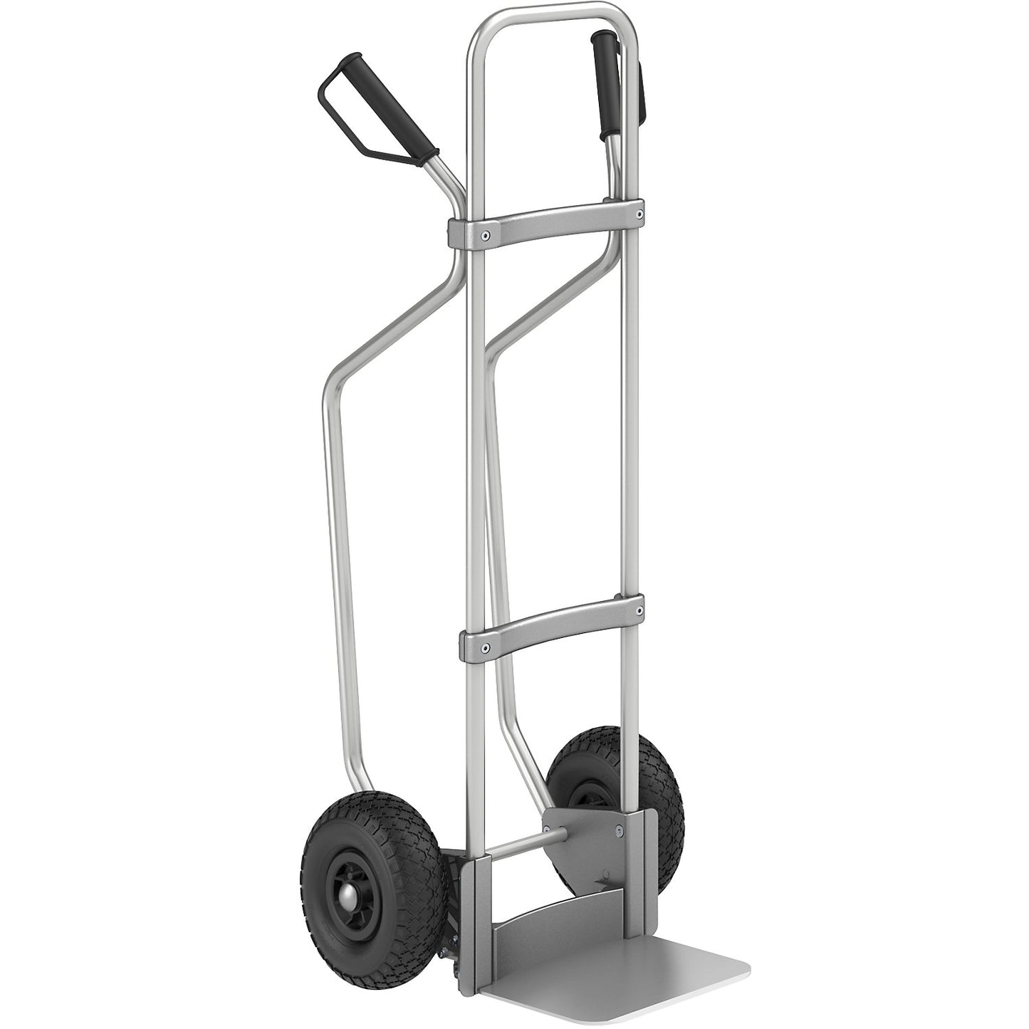 Aluminium sack truck with runners, footplate WxD 280 x 250 mm, aluminium, pneumatic tyres.