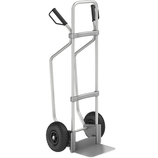 Aluminium sack truck with runners, footplate WxD 280 x 250 mm, aluminium, pneumatic tyres.