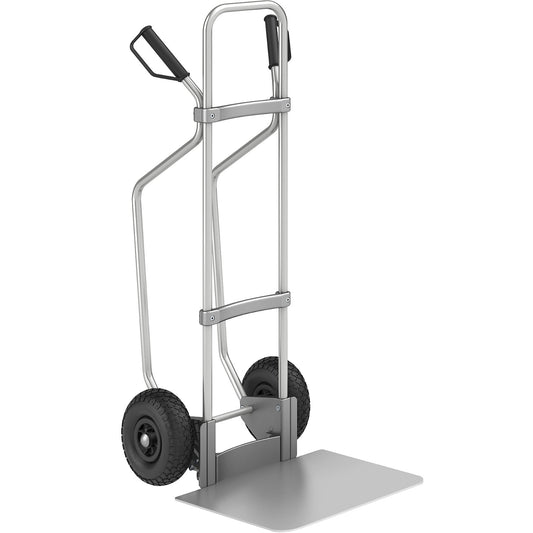 Aluminium sack truck with runners, footplate WxD 450 x 500 mm, aluminium, pneumatic tyres.