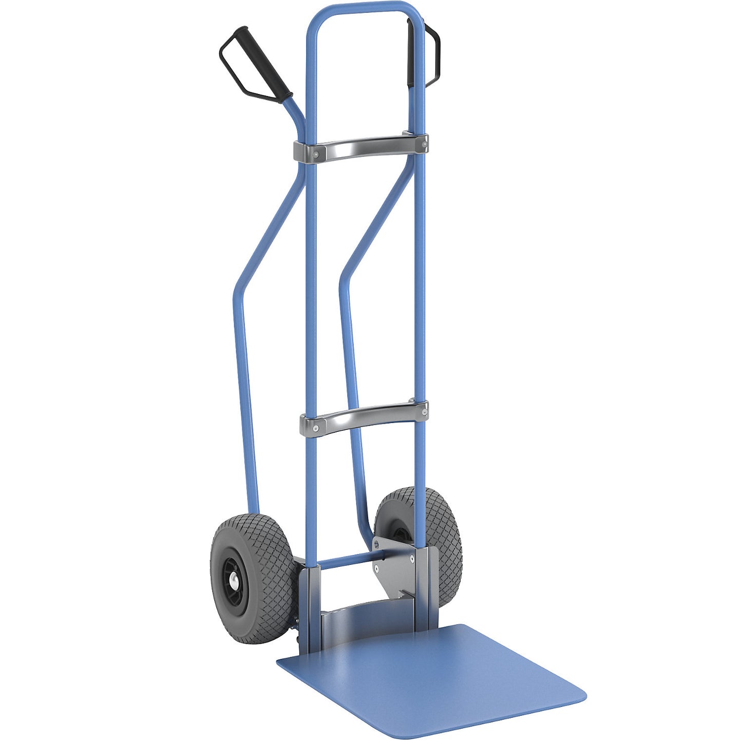 Sack truck with runners, blue, footplate WxD 450 x 500 mm, blue, PU tyres.