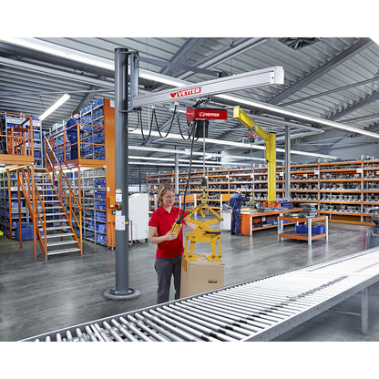 UNILIFT US post mounted jib crane, with BL electric chain hoist, max. load 250 kg, reach 2.9 m.
