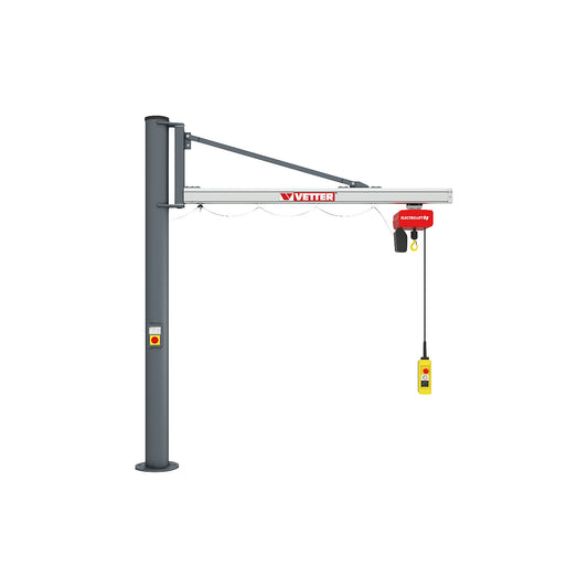 UNILIFT US post mounted jib crane, with BL electric chain hoist, max. load 250 kg, reach 2.9 m.