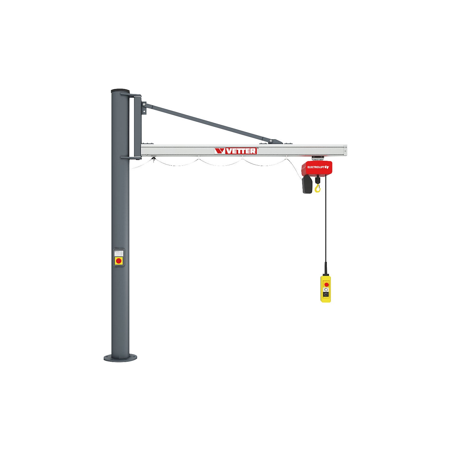 UNILIFT US post mounted jib crane, with BL electric chain hoist, max. load 250 kg, reach 3.9 m.