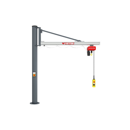 UNILIFT US post mounted jib crane, with BL electric chain hoist, max. load 250 kg, reach 3.9 m.