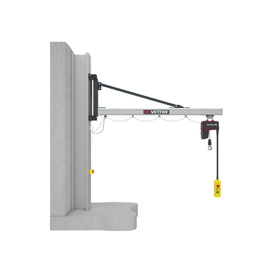 UNILIFT UW wall mounted jib crane, with BL electric chain hoist, max. load 250 kg, reach 3.9 m.