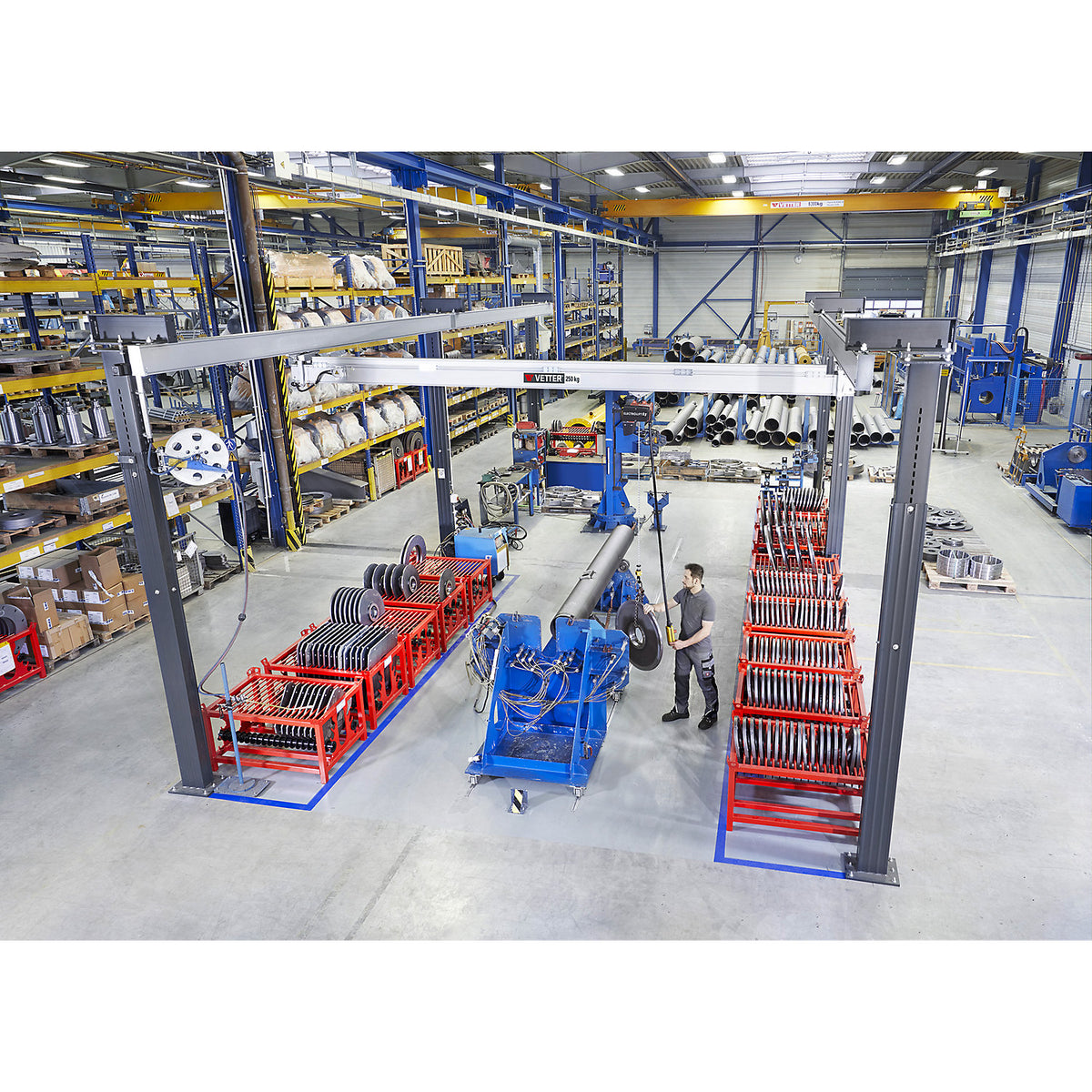 ErgoLine® gantry crane system, with electric chain hoist, max. load 250 kg, width 3.5 m, length 4.0 m.