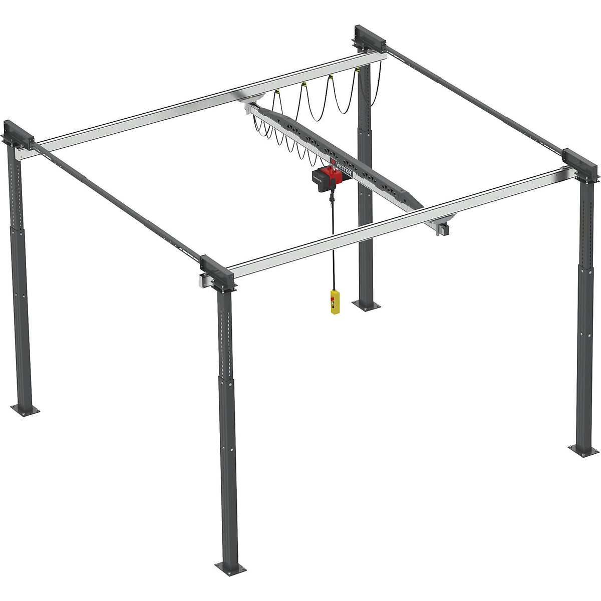 ErgoLine® gantry crane system, with electric chain hoist, max. load 250 kg, width 3.5 m, length 4.0 m.
