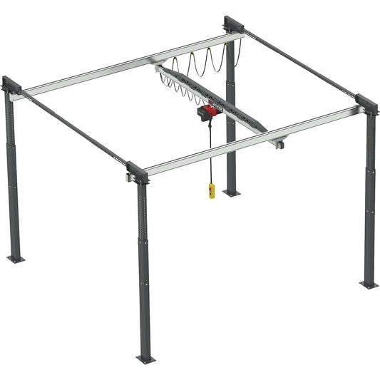 ErgoLine® gantry crane system, with electric chain hoist, max. load 250 kg, width 3.5 m, length 4.0 m.