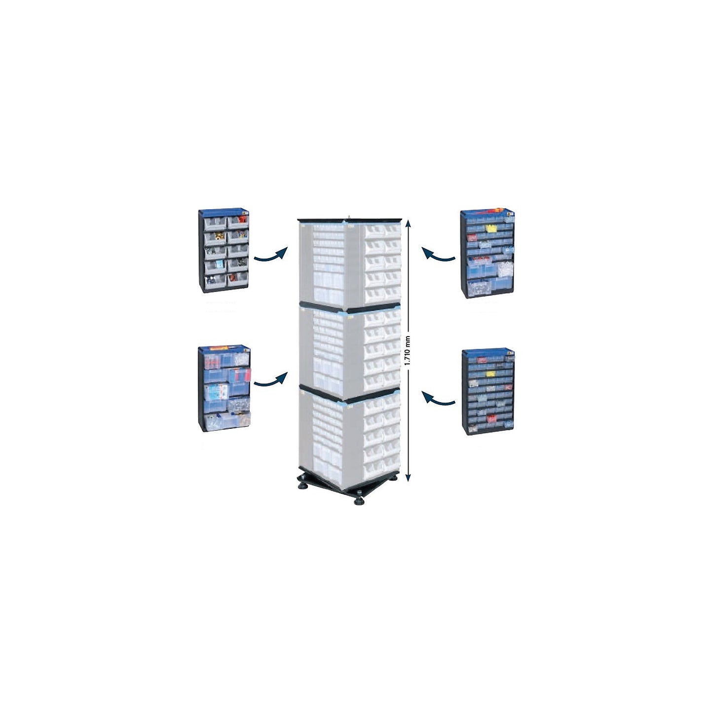 VARIOPLUS PRO revolving stand, HxWxD 1710 x 445 x 445 mm, can be fitted out as required.