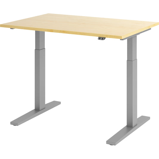 UPLINER-K - Desk, electric height adjustment, 700 - 1200 mm, WxD 1200 x 800 mm, WxD 1200 x 800 mm, maple/aluminium silver.