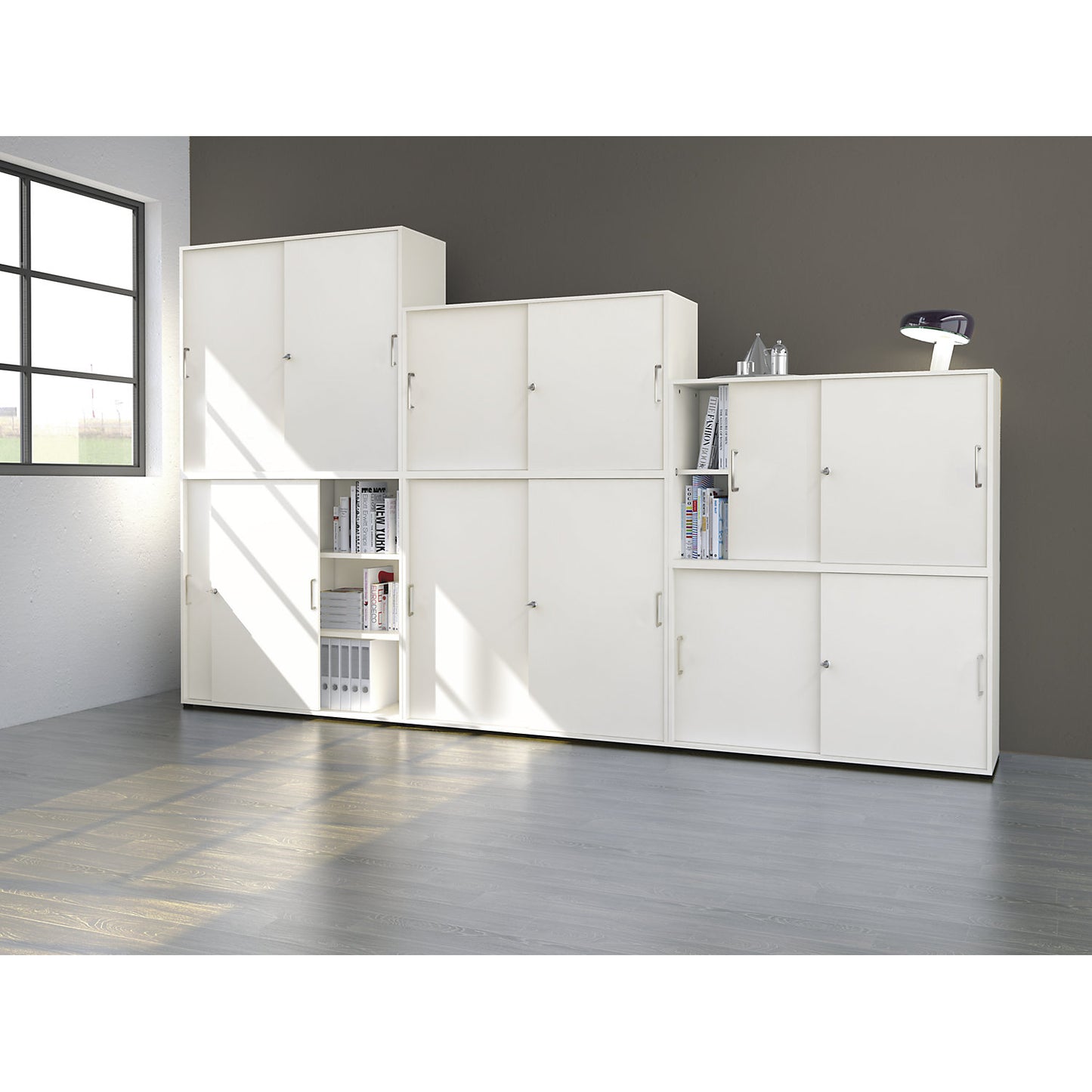 VERA-ZWO - Sliding door cupboard, HxWxD 748 x 1200 x 400 mm, 2 file heights, maple finish.