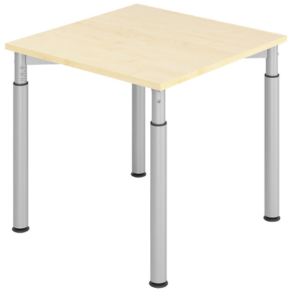 VERA-ZWO - Desk with 4-legged frame, height adjustable, depth 800 mm, width 800 mm, maple finish / aluminium silver.