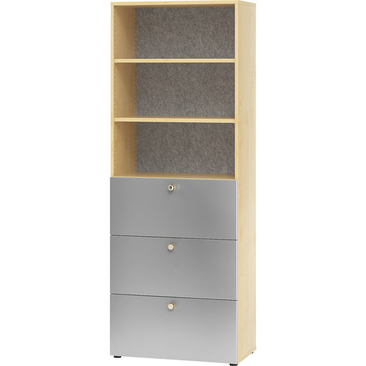 ANNY-AC - Combination cupboard with acoustic rear panel, 2 shelves, 3 suspension file drawers, maple finish.