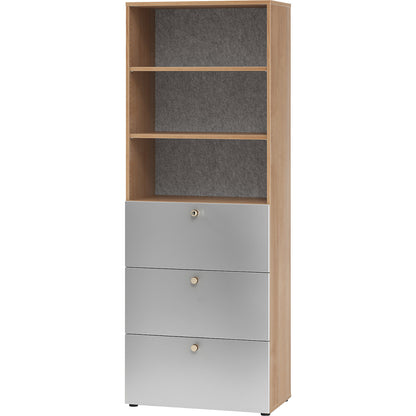 ANNY-AC - Combination cupboard with acoustic rear panel, 2 shelves, 3 suspension file drawers, walnut finish.